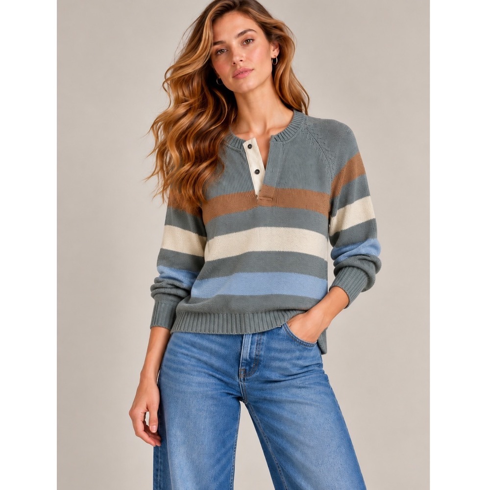 Bay Club Grey Striped Wool Blend Henley Preppy‎ Pullover Sweater, S